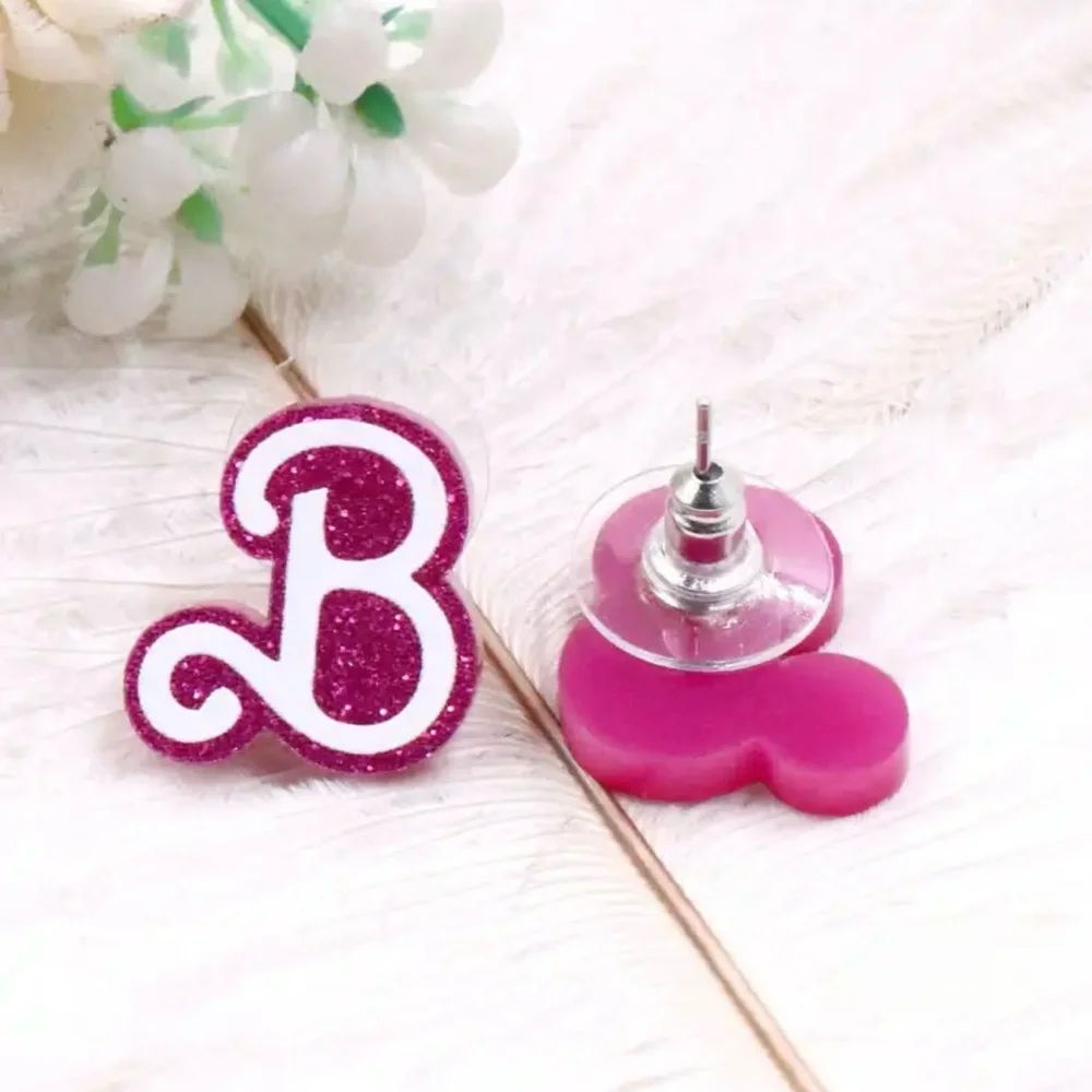 “Barbie Pink Glitter Logo” B Mattel Doll Dolly Toy Figurine Girly Feminine Studs